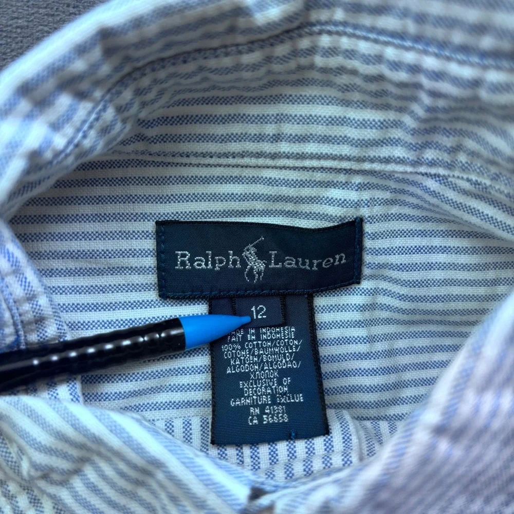 Ralph Lauren Kids Blue White Striped Cotton Oxford Button Down Shirt Size 12